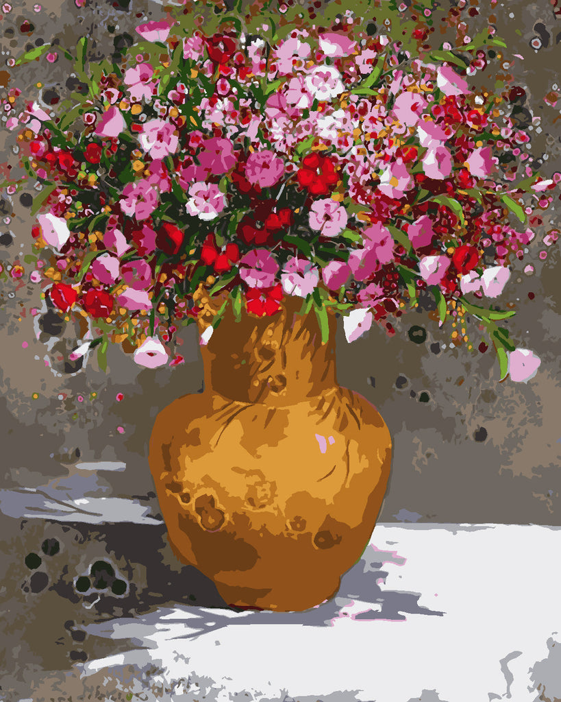 Jarrón Dorado con Ramo de Flores Coloridas y Pequeñas Pintar por Números