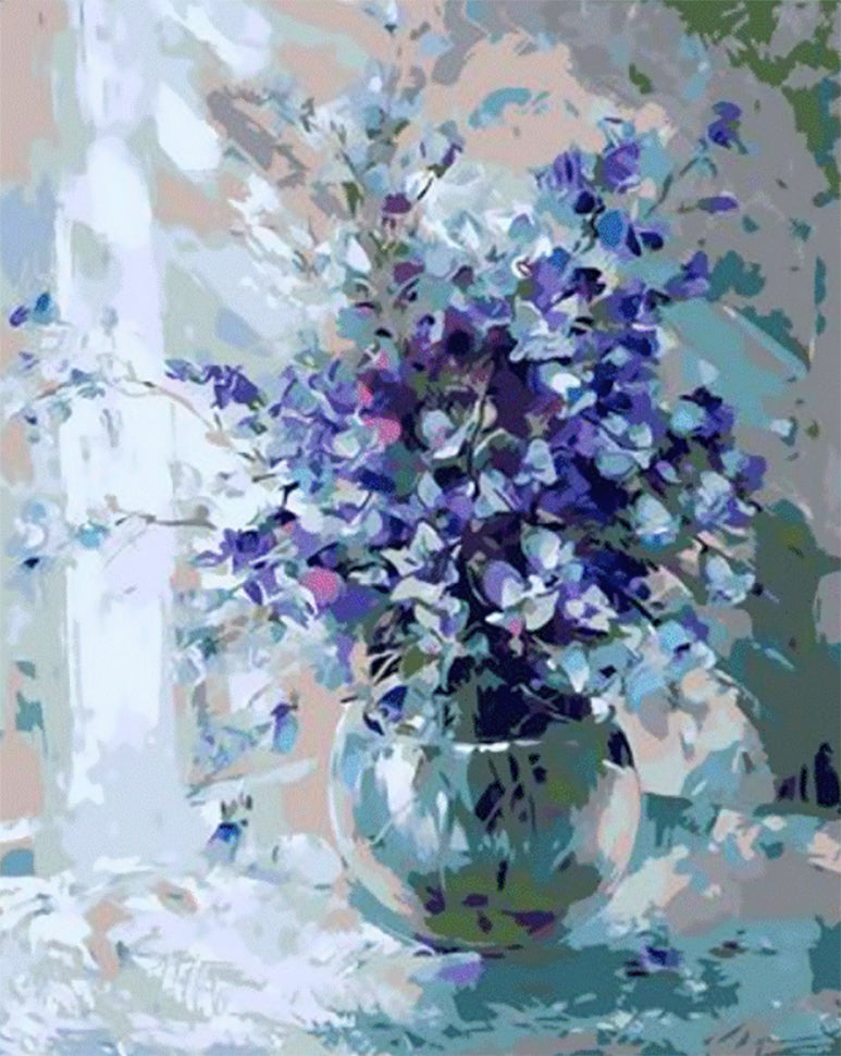 Jarrón Redondo con Flores Moradas y Azules al Sol Pintar por Números