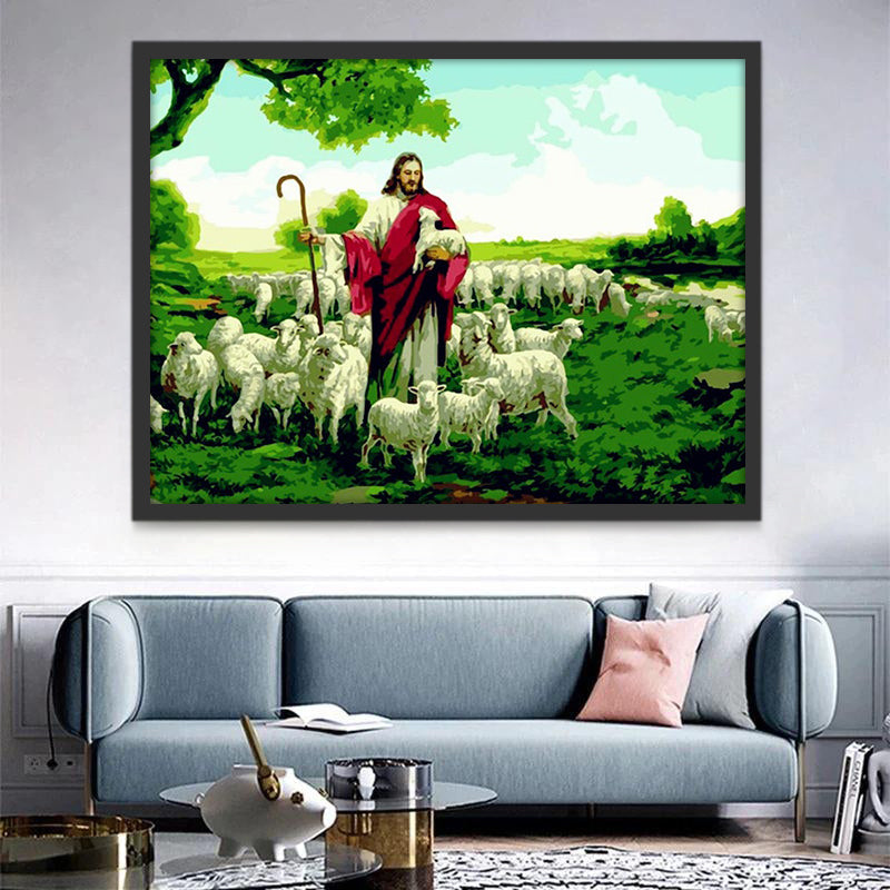 Jesucristo con las Ovejas en el Césped Verde Pintar por Números
