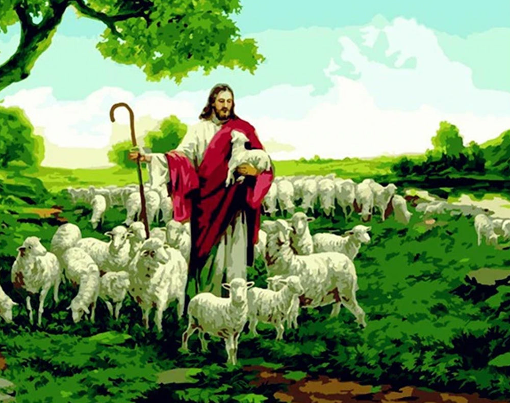 Jesucristo con las Ovejas en el Césped Verde Pintar por Números