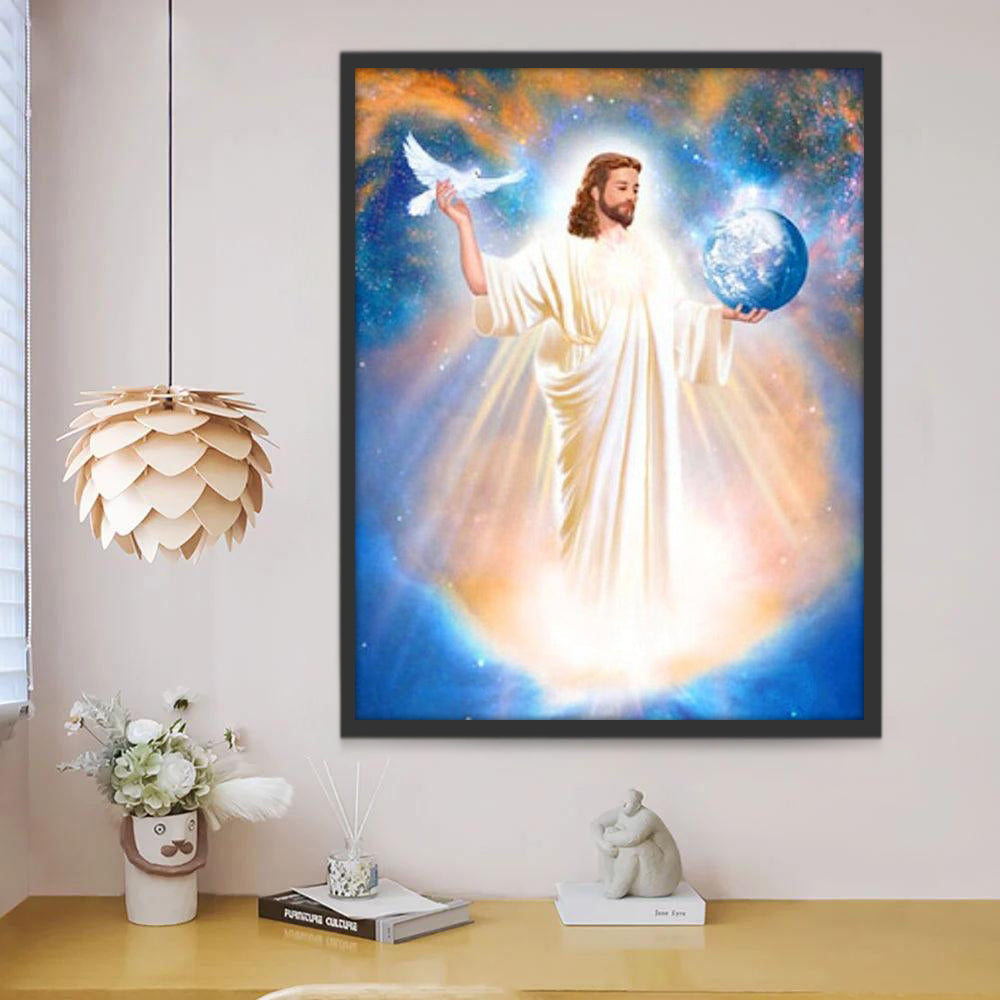 Jesús con la Tierra y Paloma Blanca en las Manos Pintar por Números