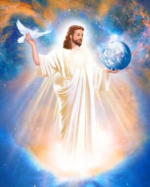 Jesús con la Tierra y Paloma Blanca en las Manos Pintar por Números