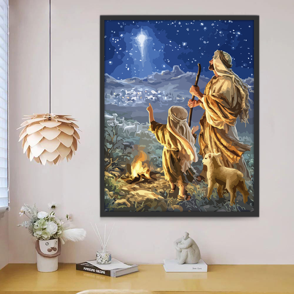 Jesús y Niño y Cordero Bajo Cielo Estrellado Pintar por Números