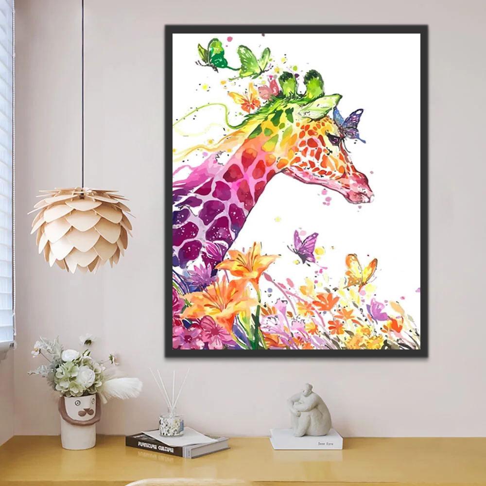 Jirafa Colorida Rodeada de Flores y Mariposas Pintar por Números