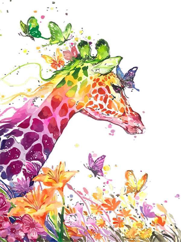 Jirafa Colorida Rodeada de Flores y Mariposas Pintar por Números