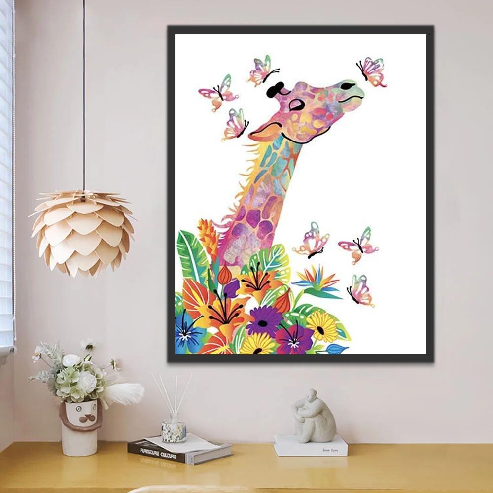 Jirafa Feliz con Flores y Mariposas Pintar por Números