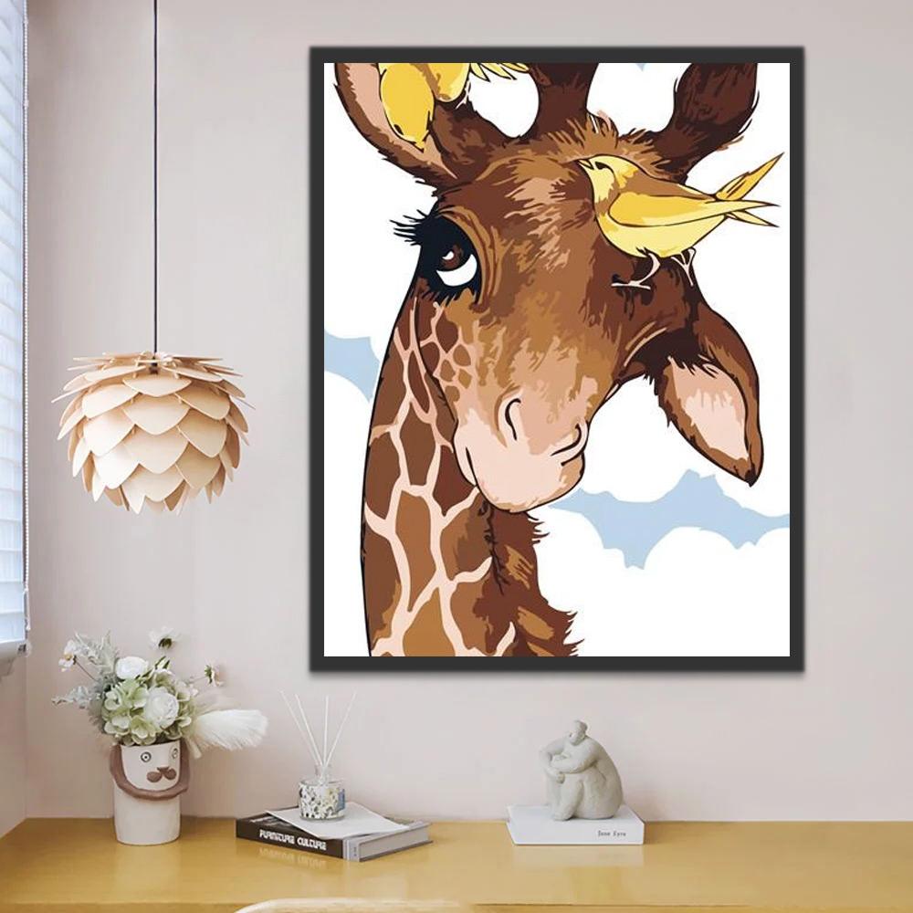 Jirafa Linda con Dos Pájaros Amarillos Pintar por Números