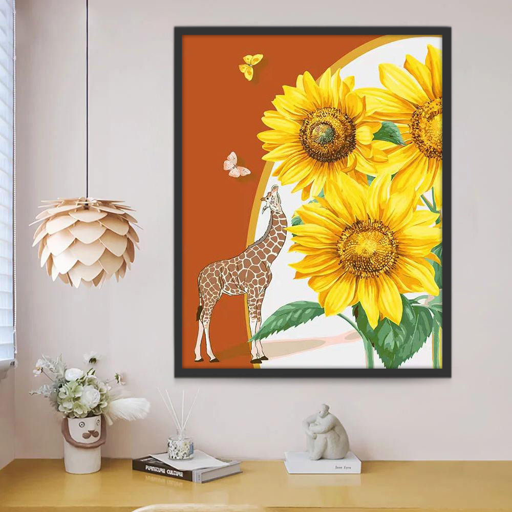 Jirafa Olfateando Girasoles con Mariposas Pintar por Números