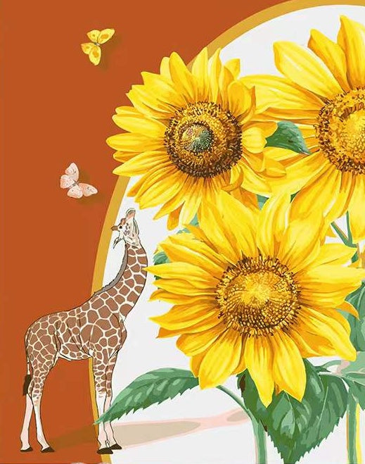 Jirafa Olfateando Girasoles con Mariposas Pintar por Números