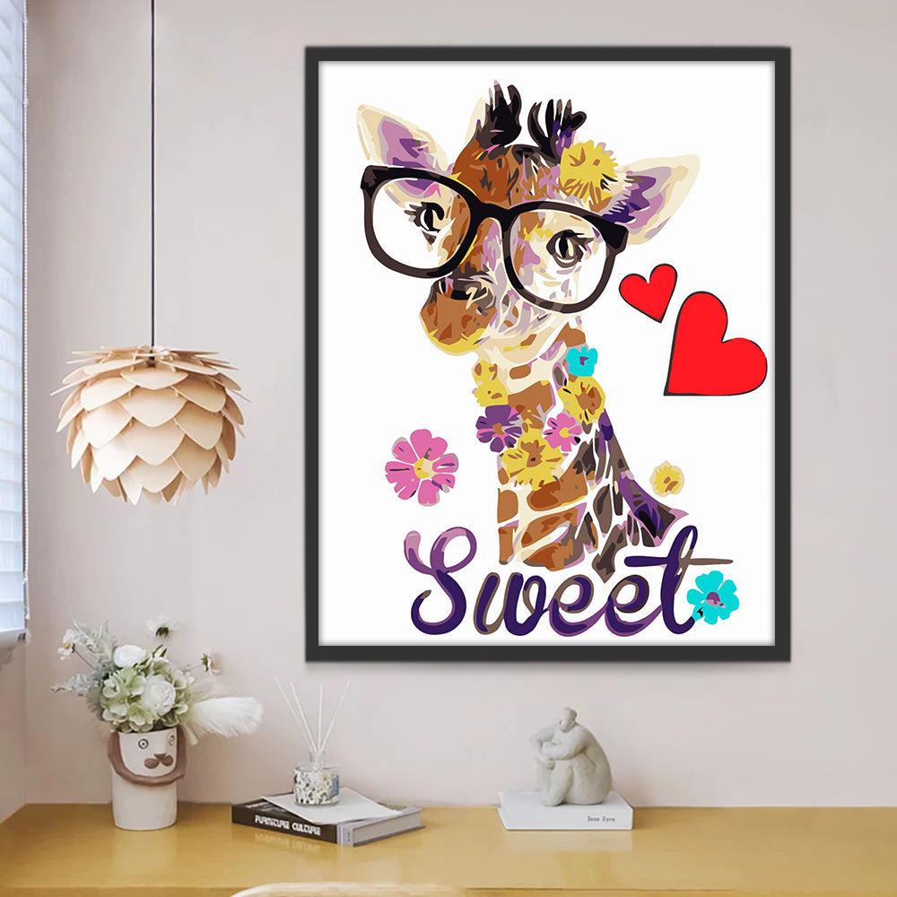 Jirafa Pequeña Adorable con Gafas y Flores Pintar por Números