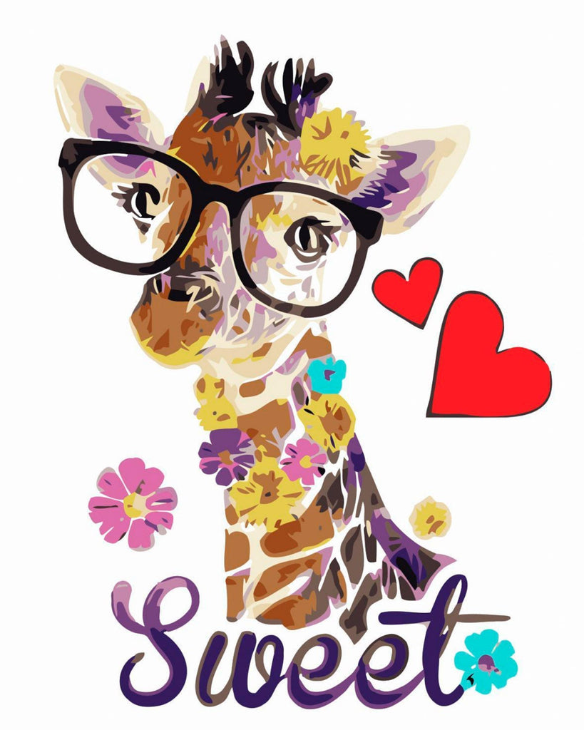 Jirafa Pequeña Adorable con Gafas y Flores Pintar por Números