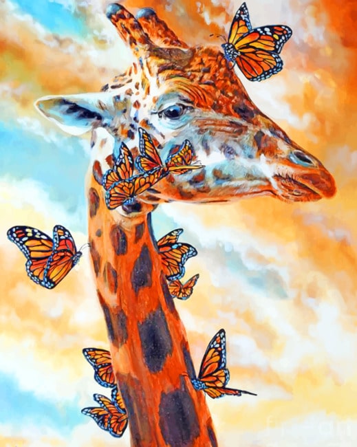 Jirafa Rodeada de Mariposas Anaranjadas Pintar por Números