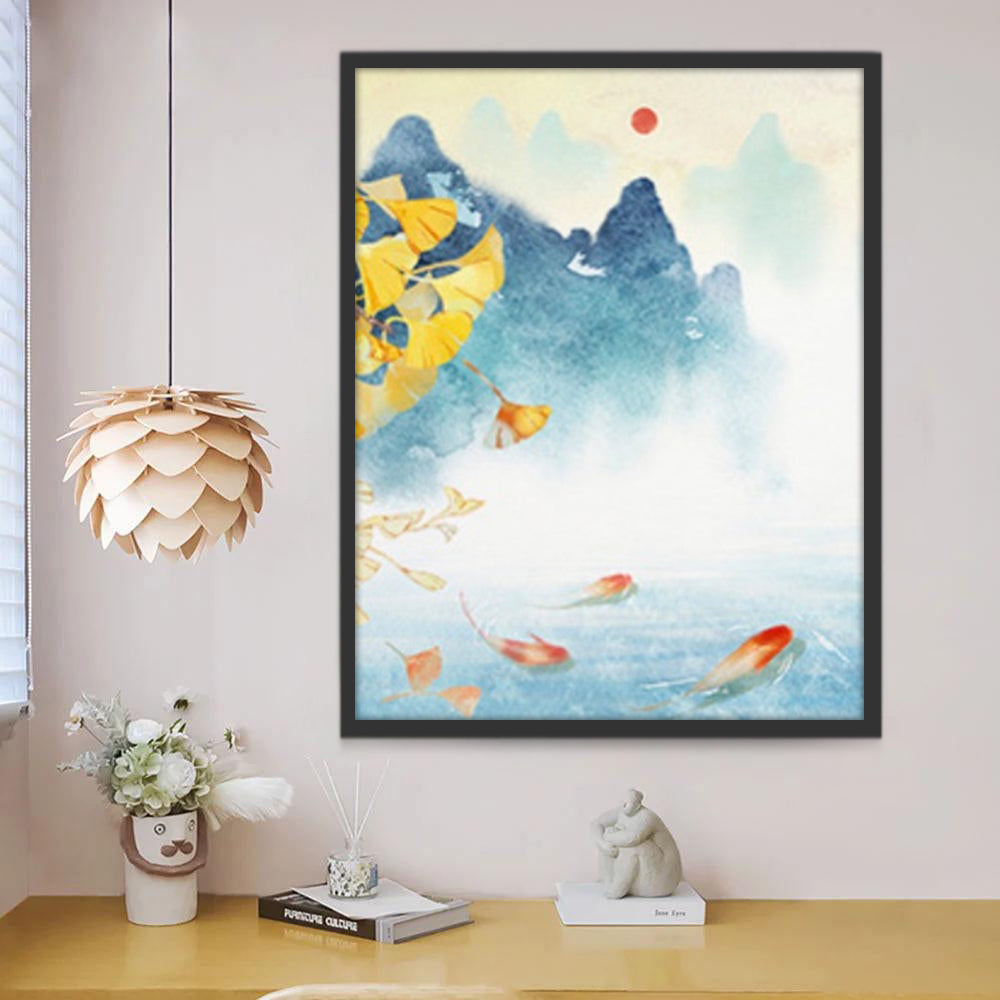 Koi y Ginkgo Biloba y Montañas Pintar por Números