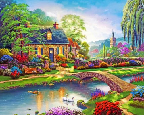 La Casa en Bosque de Primavera Pintar por Números