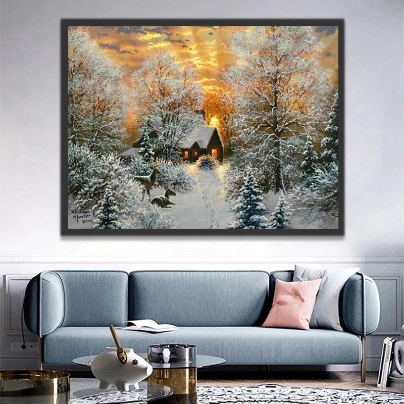 La Casa y Bosque Invernal al Atardecer Pintar por Números