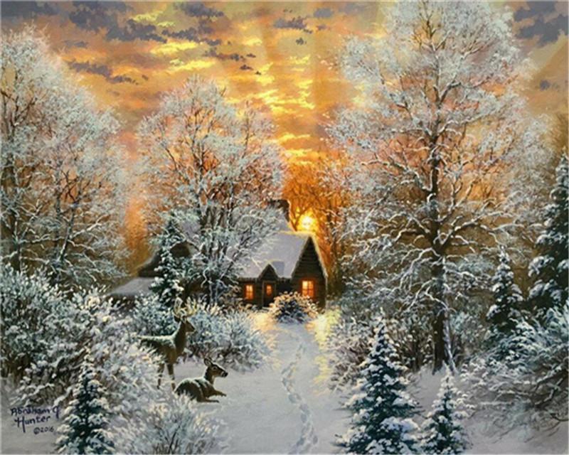 La Casa y Bosque Invernal al Atardecer Pintar por Números