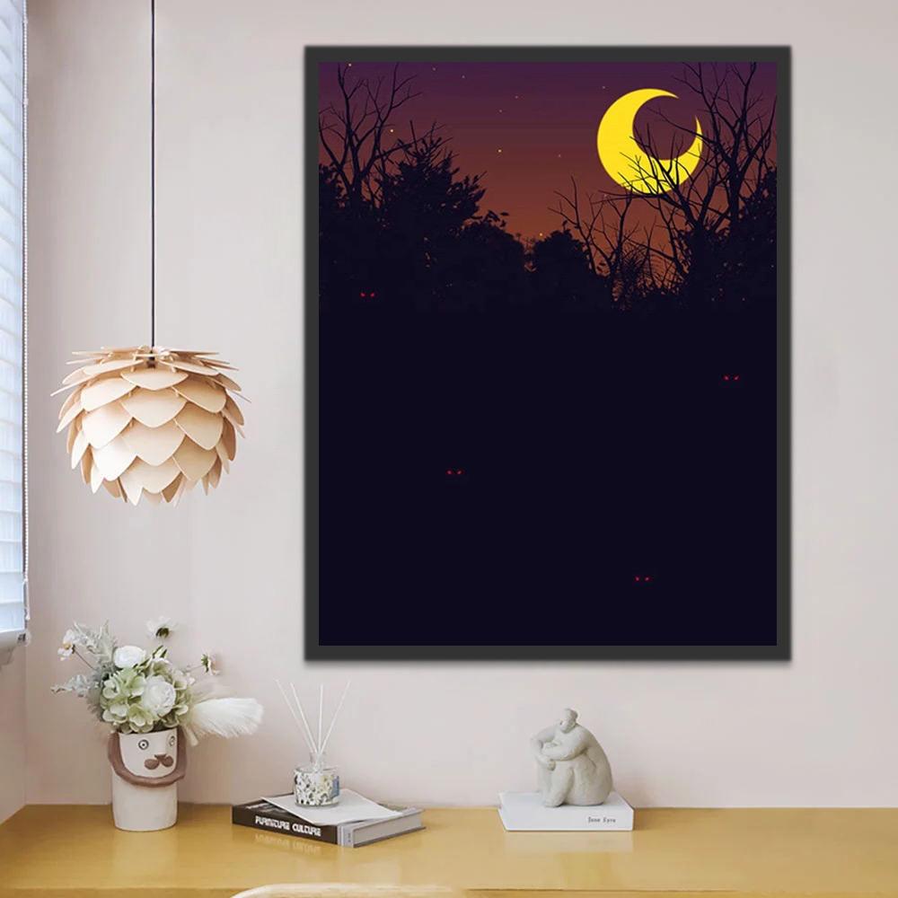 La Luna Amarilla y Siluetas de Árboles Pintar por Números