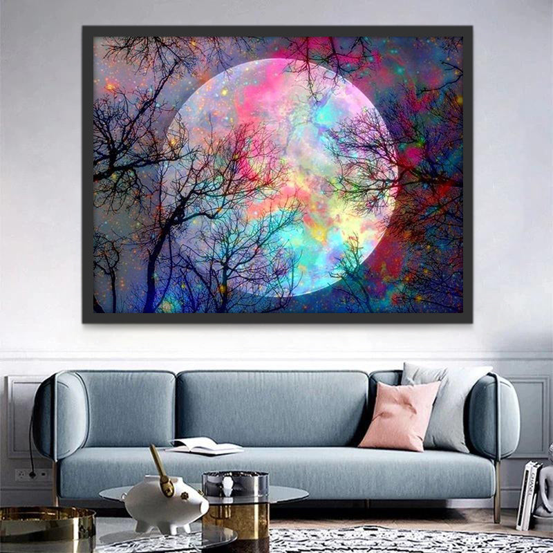 La Luna Llena y Silueta de Árboles Pintar por Números