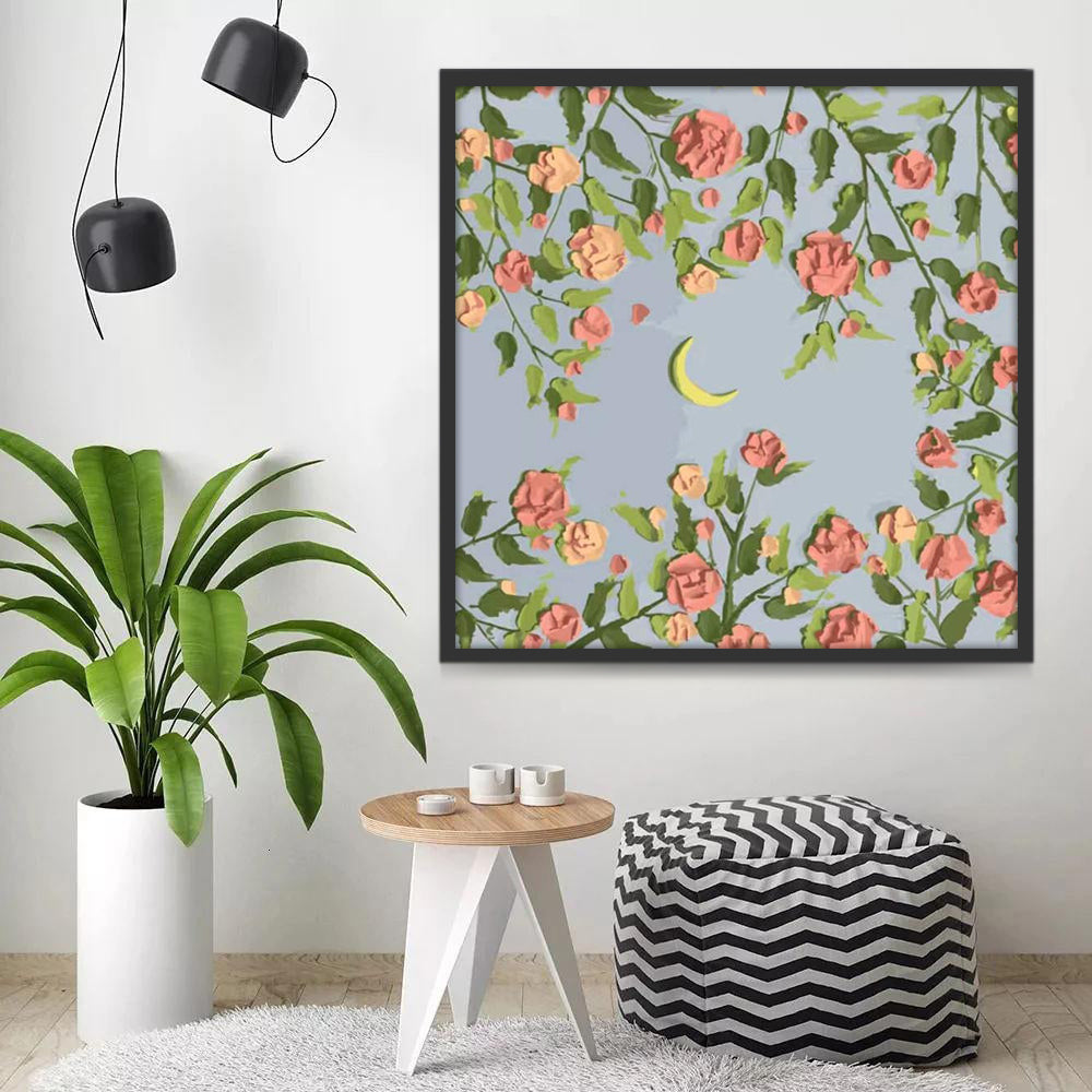 La Luna Rodeada de Ramas de Flores Rosadas Pintar por Números