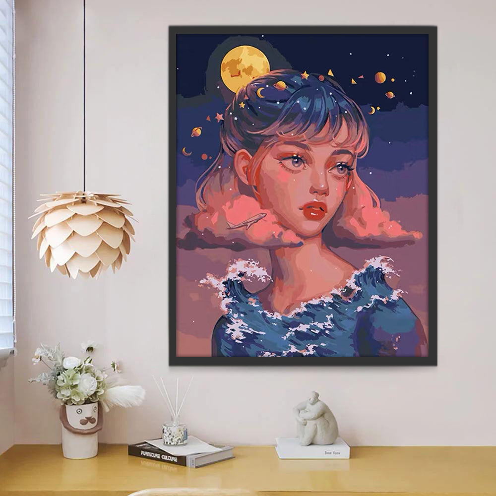 La Luna y Chica de Pelo Corto Pintar por Números