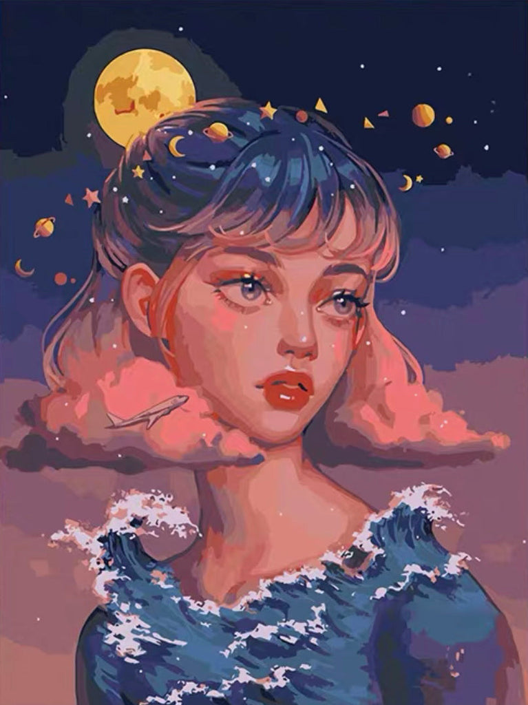 La Luna y Chica de Pelo Corto Pintar por Números
