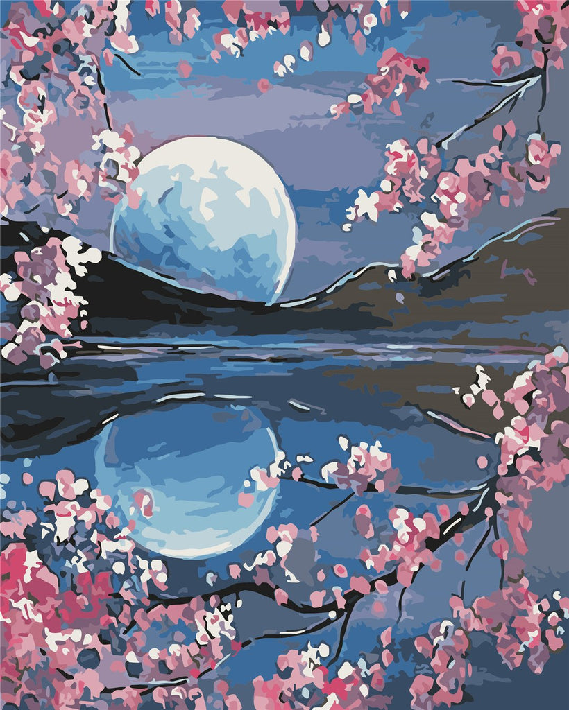 La Luna y Flores Rosadas Pintar por Números