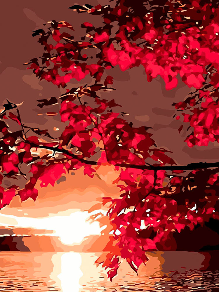 La Puesta del Sol y Ramas de Hojas Rojas Pintar por Números