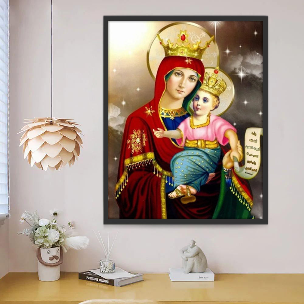 La Virgen María y Niño Jesús con Corona Dorada Pintar por Números
