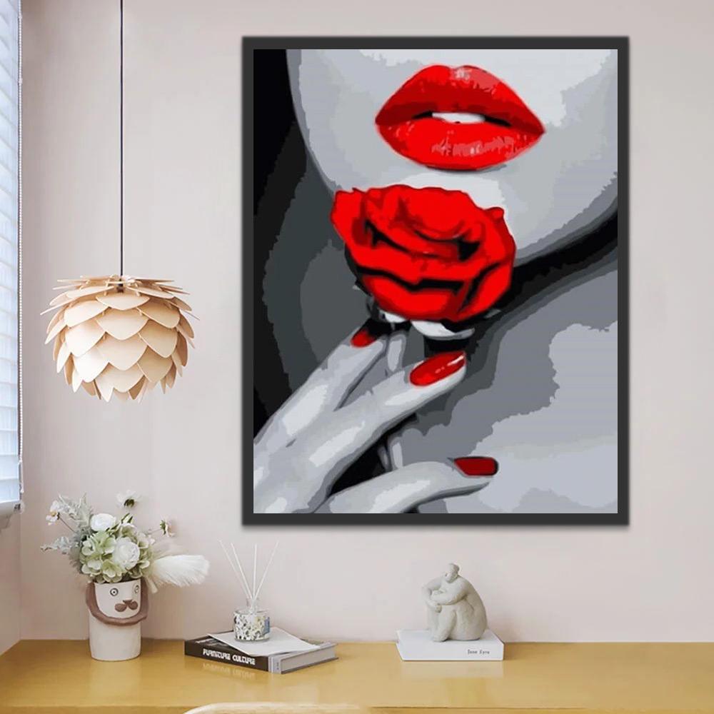 Labios Rojos de Mujer y Rosa Roja y Uñas Rojas Pintar por Números