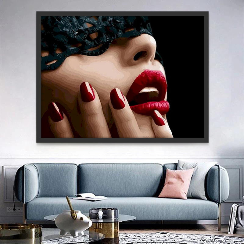 Labios Rojos y Uñas Rojas de una Mujer Pintar por Números