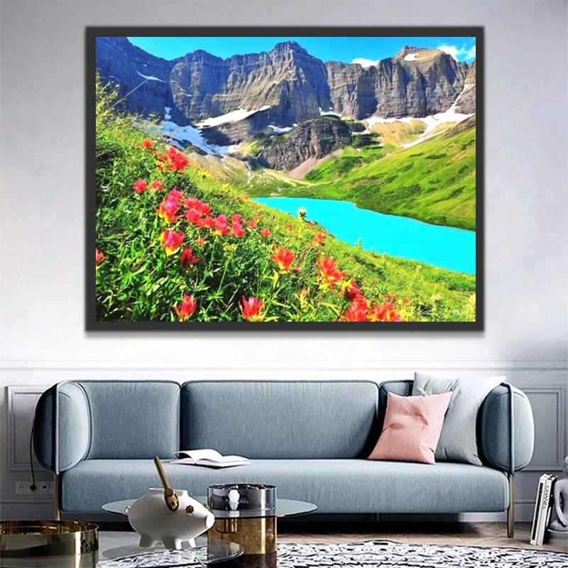 Ladera con Flores Rojas y Río Azul Pintar por Números