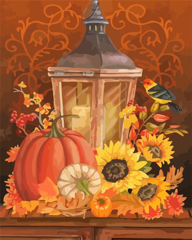 Lámpara y Girasoles y Calabazas de Halloween y Pájaro Pintar por Números