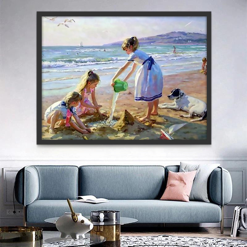 Las Niñas y un Perro sobre la Playa Pintar por Números Niños