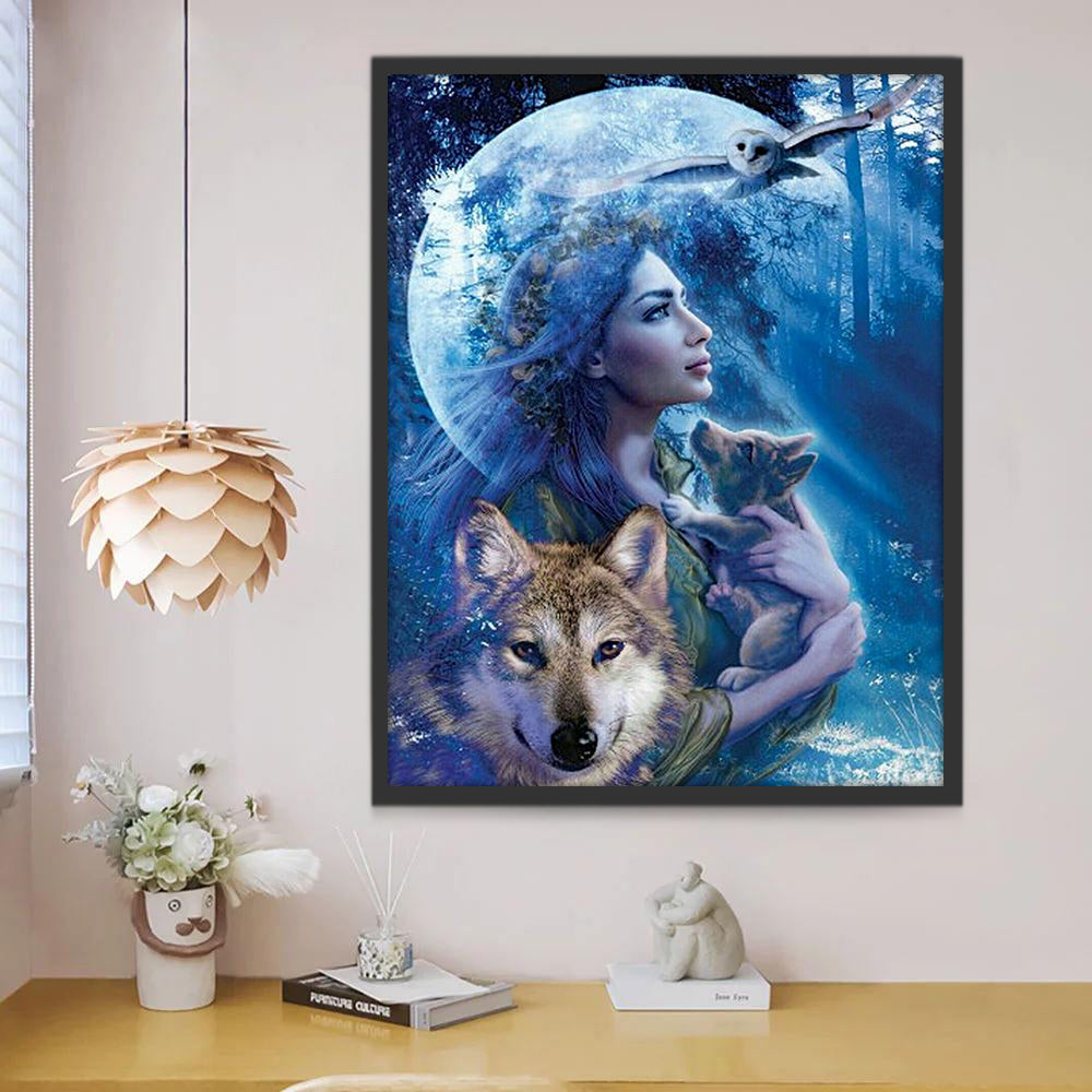 Lechuza Volando y Mujer con Lobo Bebé en la Luna Llena Pintar por Números
