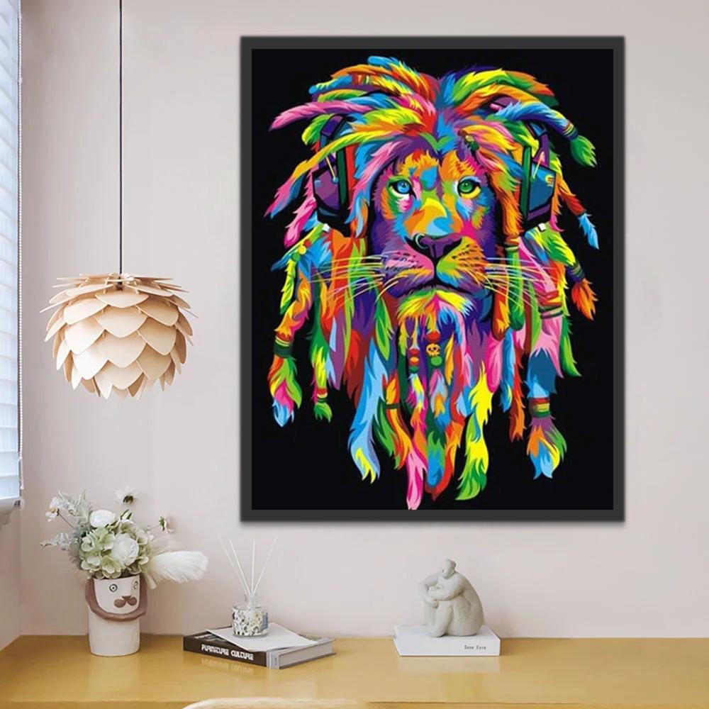 León Colorido con Auricular Pintar por Números