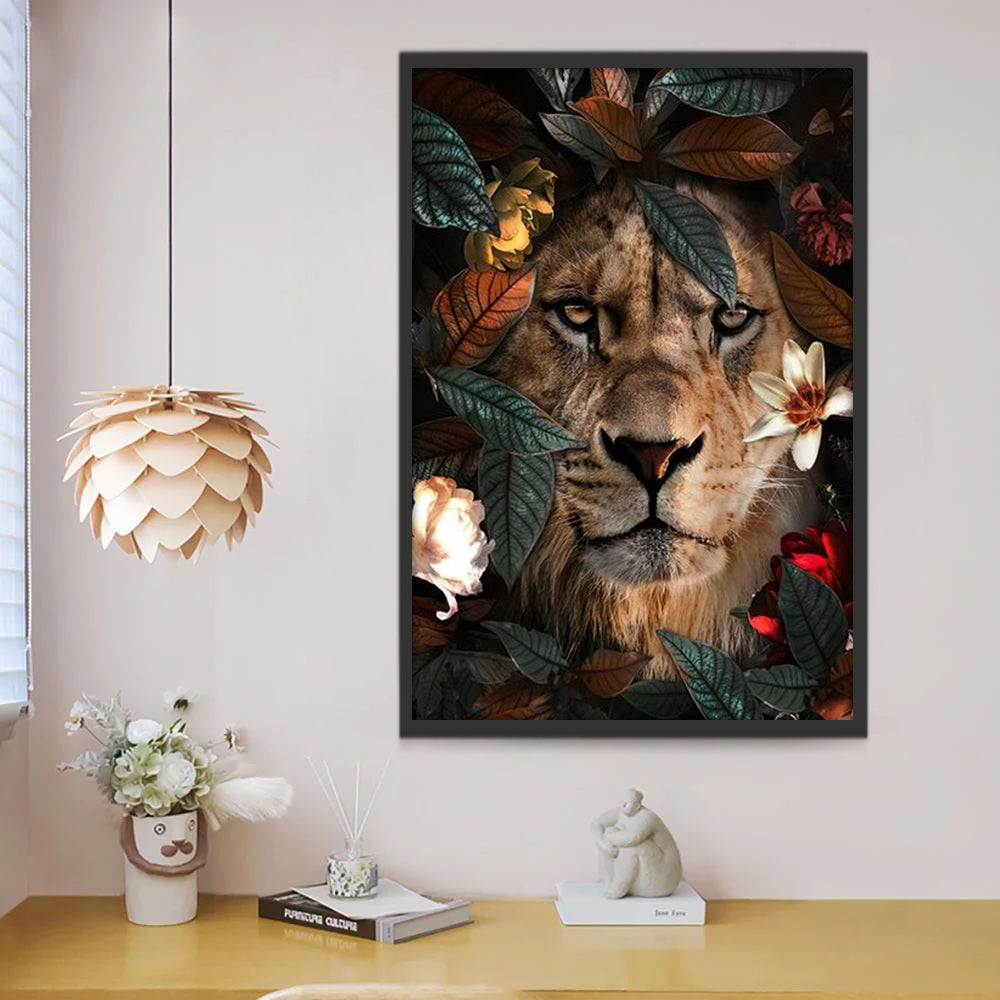 León Detrás de Flores y Hojas Pintar por Números