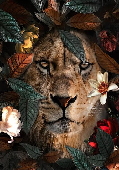 León Detrás de Flores y Hojas Pintar por Números