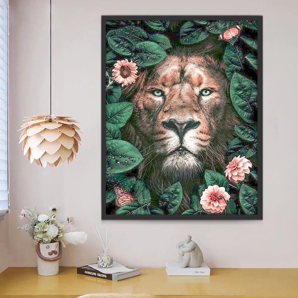 León Rodeado de Flores y Hojas Pintar por Números