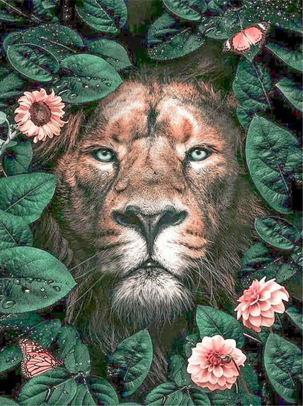 León Rodeado de Flores y Hojas Pintar por Números