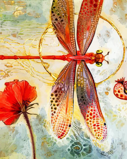 Libélula Roja y Flor Roja Pintar por Números
