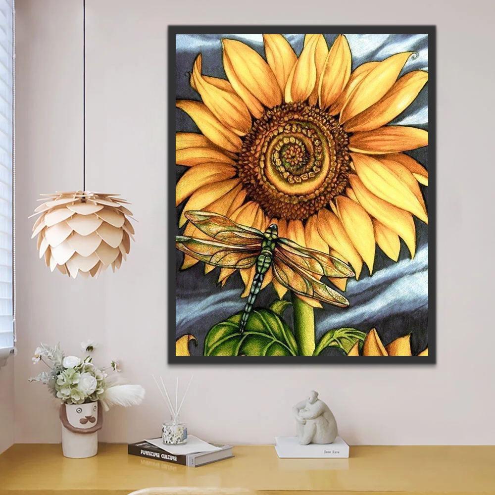 Libélula y Girasol con Fondo Gris y Azul Claro Pintar por Números