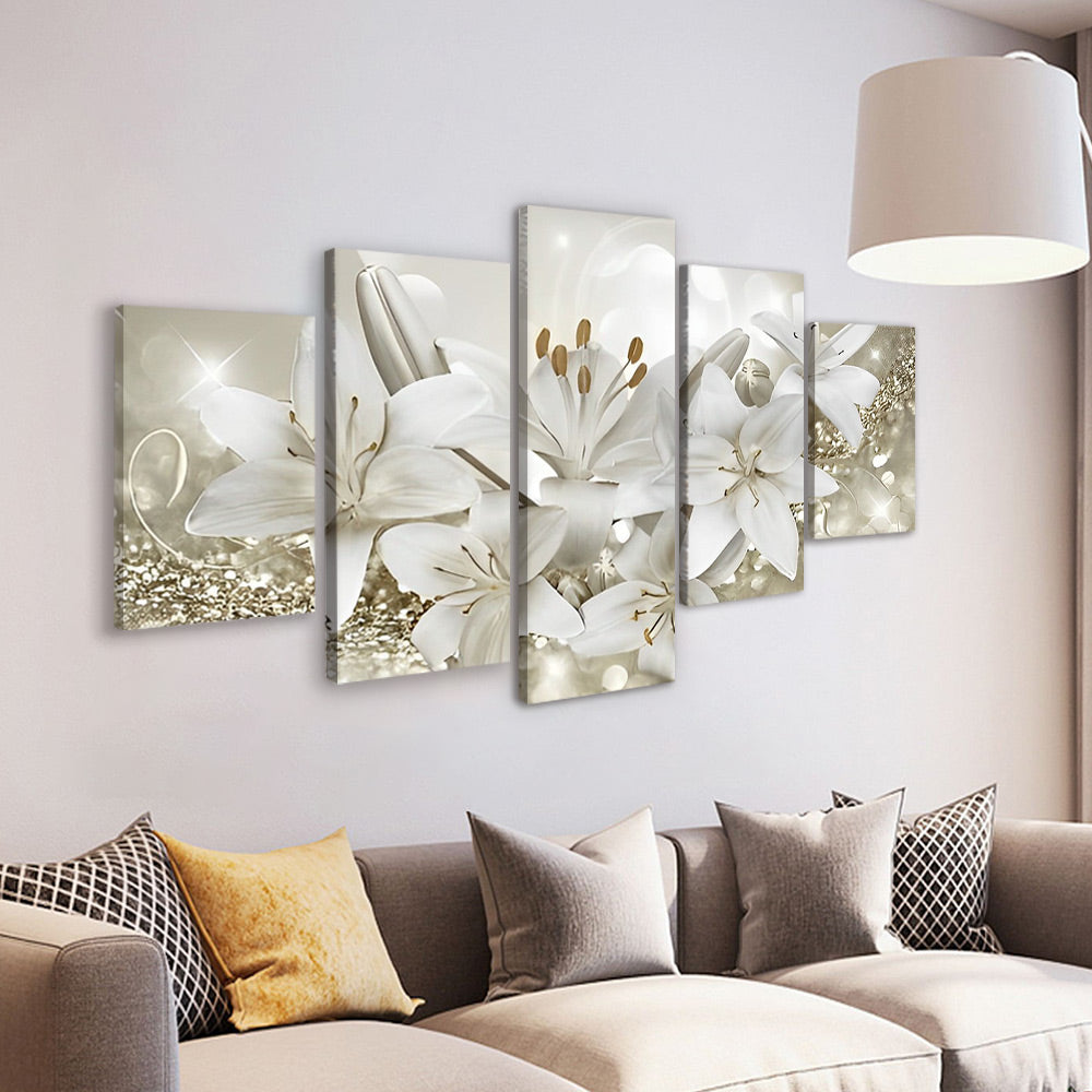 Lirios Blancos en Fondo Brillante de Brillo Dorado 5 Partes Pintar por Números
