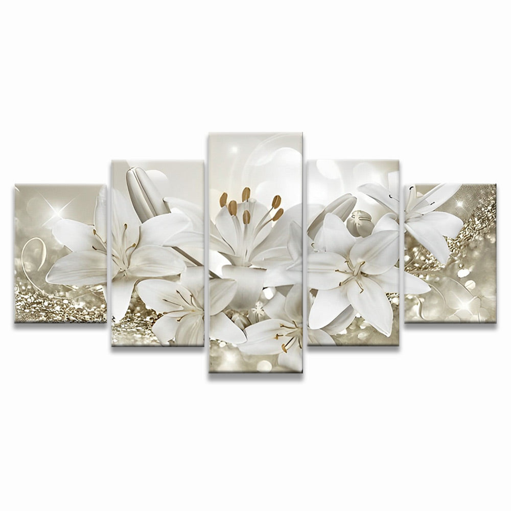 Lirios Blancos en Fondo Brillante de Brillo Dorado 5 Partes Pintar por Números