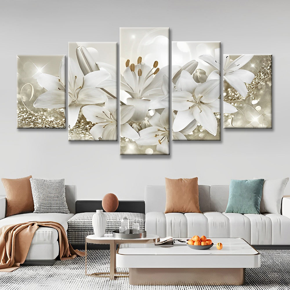 Lirios Blancos en Fondo Brillante de Brillo Dorado 5 Partes Pintar por Números