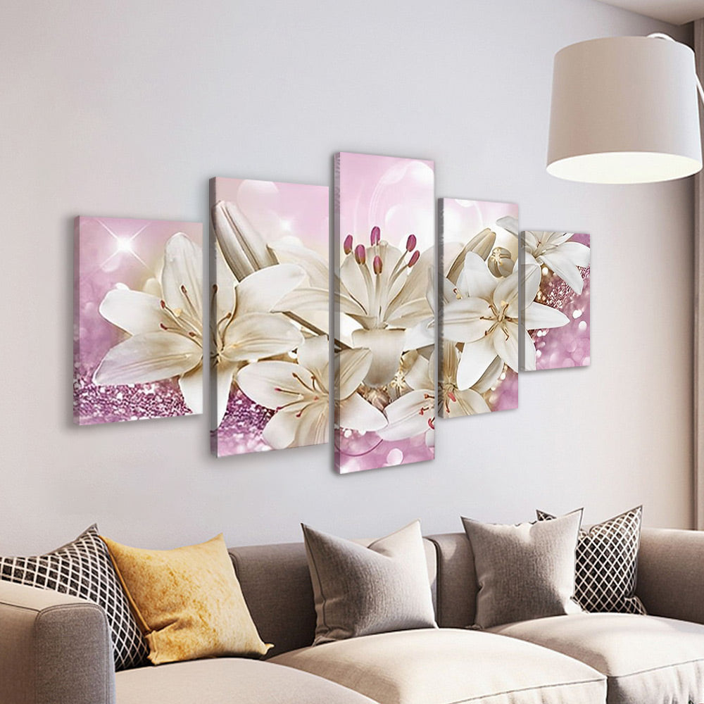 Lirios Blancos en Fondo Rosado de Brillo Brillante 5 Partes Pintar por Números