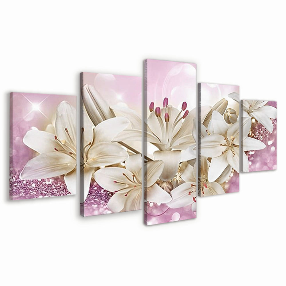 Lirios Blancos en Fondo Rosado de Brillo Brillante 5 Partes Pintar por Números