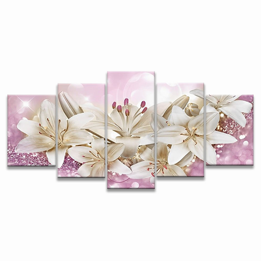 Lirios Blancos en Fondo Rosado de Brillo Brillante 5 Partes Pintar por Números
