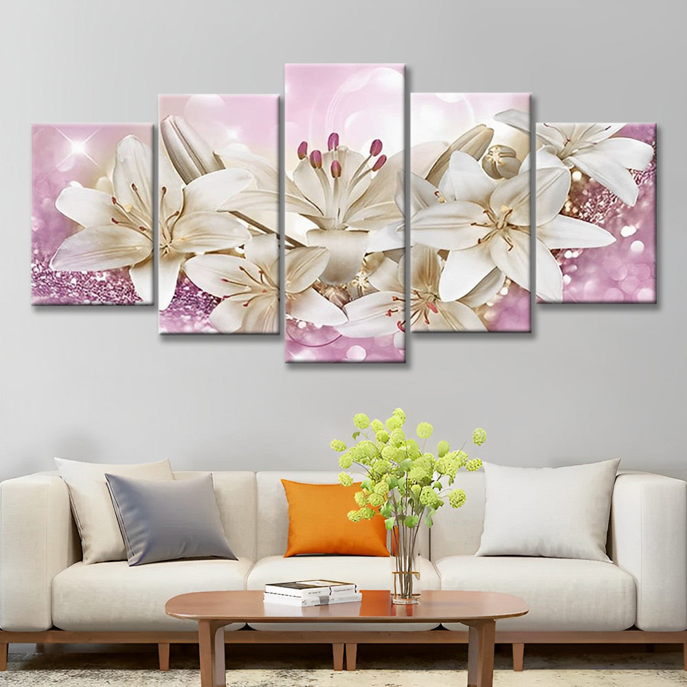 Lirios Blancos en Fondo Rosado de Brillo Brillante 5 Partes Pintar por Números