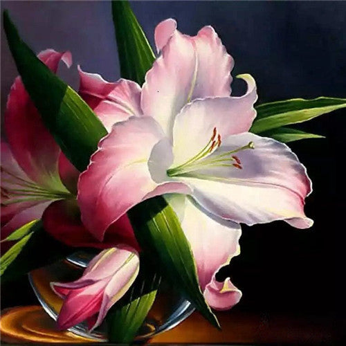 Lirios Rosados en Florero de Vidrio en la Oscuridad Pintar por Números