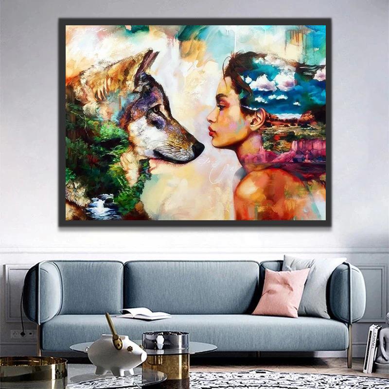 Lobo Abstracto Frente a Mujer con Paisaje Pintar por Números